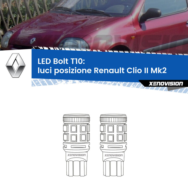 <strong>Luci posizione LED per Renault Clio II</strong> Mk2 1998-2004. Coppia lampade <strong>T10</strong> modello Bolt canbus.