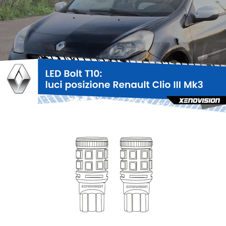 <strong>Luci posizione LED per Renault Clio III</strong>  2005-2011. Coppia lampade <strong>T10</strong> modello Bolt canbus.