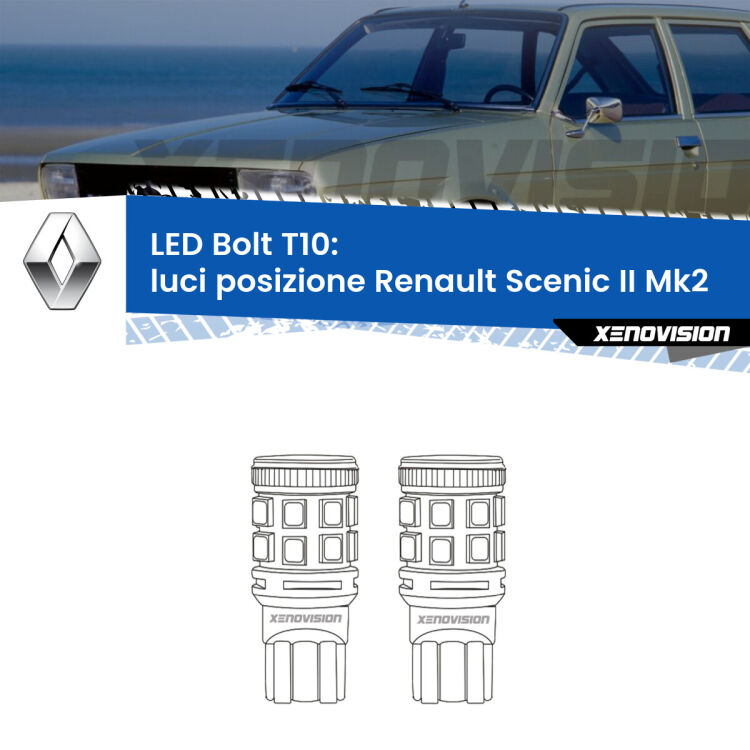 <strong>Luci posizione LED per Renault Scenic II</strong> Mk2 2003-2006. Coppia lampade <strong>T10</strong> modello Bolt canbus.