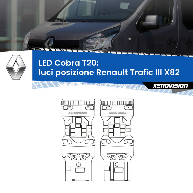 <strong>Luci posizione LED no-spie per Renault Trafic III</strong> X82 2014in poi. Coppia lampade <strong>T20</strong> modello Cobra super-canbus, raffreddate a ventola.