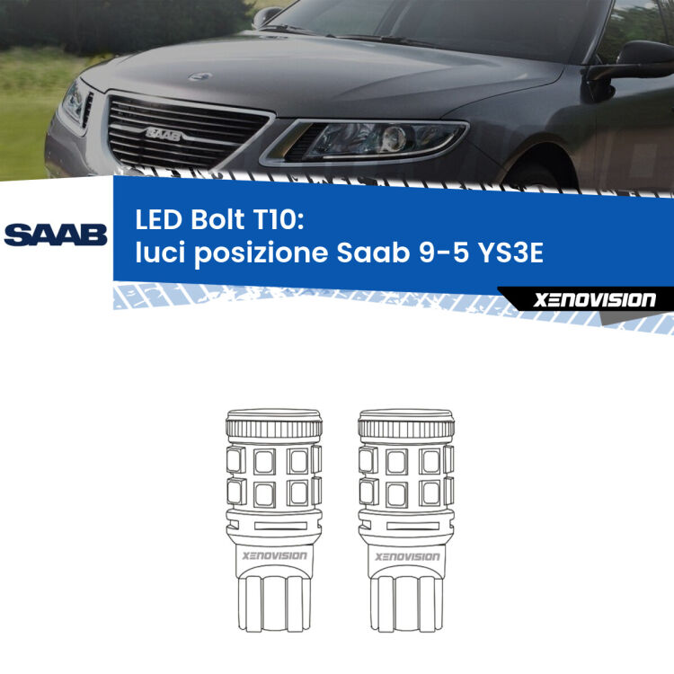 <strong>Luci posizione LED per Saab 9-5</strong> YS3E 1997-2010. Coppia lampade <strong>T10</strong> modello Bolt canbus.