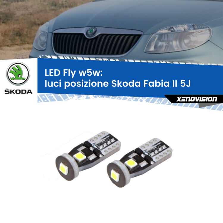 <strong>luci posizione LED per Skoda Fabia II</strong> 5J 2006-2014. Coppia lampadine <strong>w5w</strong> Canbus compatte modello Fly Xenovision.