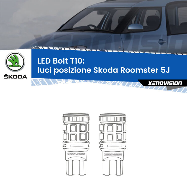 <strong>Luci posizione LED per Skoda Roomster</strong> 5J 2006-2015. Coppia lampade <strong>T10</strong> modello Bolt canbus.