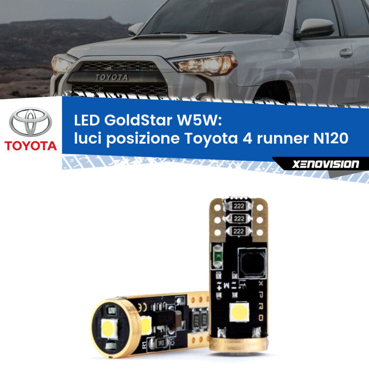 <strong>Luci posizione LED Toyota 4 runner</strong> N120 1989-1996: ottima luminosità a 360 gradi. Si inseriscono ovunque. Canbus, Top Quality.