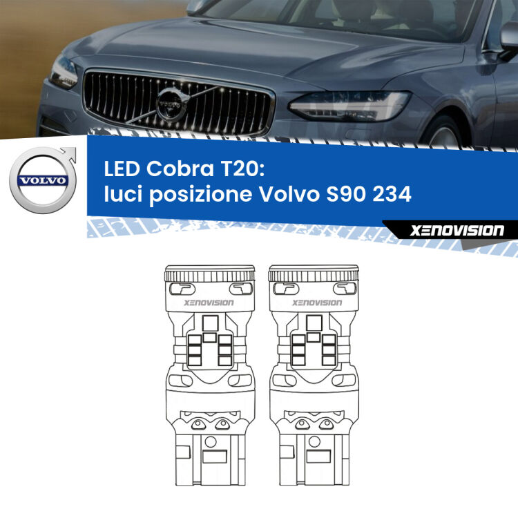 <strong>Luci posizione LED no-spie per Volvo S90</strong> 234 2016in poi. Coppia lampade <strong>T20</strong> modello Cobra super-canbus, raffreddate a ventola.