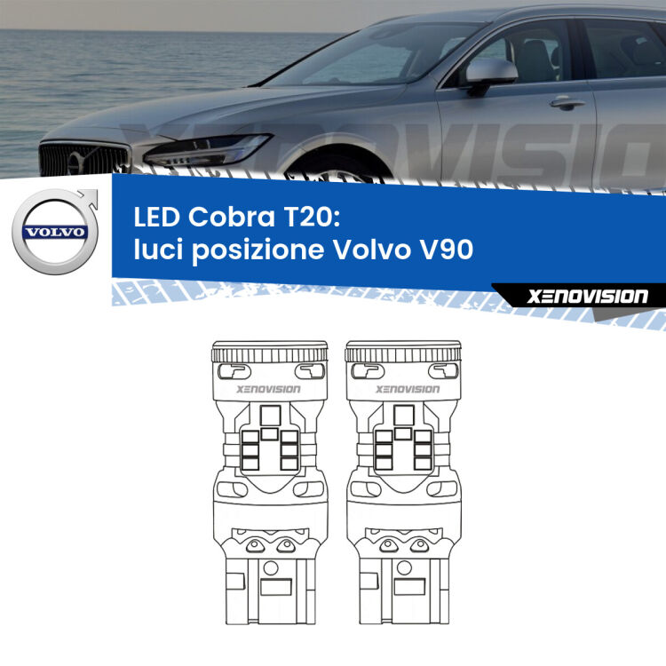 <strong>Luci posizione LED no-spie per Volvo V90</strong>  2016-2018. Coppia lampade <strong>T20</strong> modello Cobra super-canbus, raffreddate a ventola.