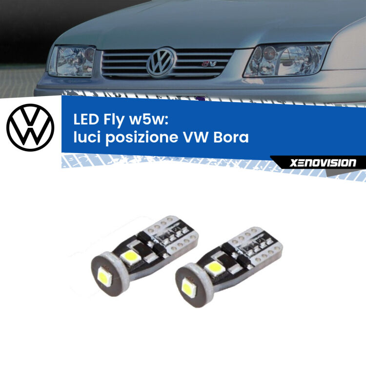 <strong>luci posizione LED per VW Bora</strong>  1999-2006. Coppia lampadine <strong>w5w</strong> Canbus compatte modello Fly Xenovision.