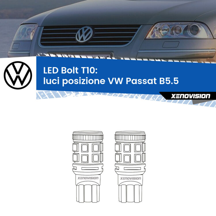 <strong>Luci posizione LED per VW Passat</strong> B5.5 2000-2005. Coppia lampade <strong>T10</strong> modello Bolt canbus.