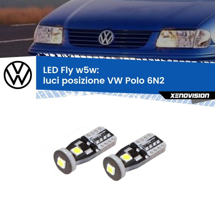 <strong>luci posizione LED per VW Polo</strong> 6N2 1999-2001. Coppia lampadine <strong>w5w</strong> Canbus compatte modello Fly Xenovision.