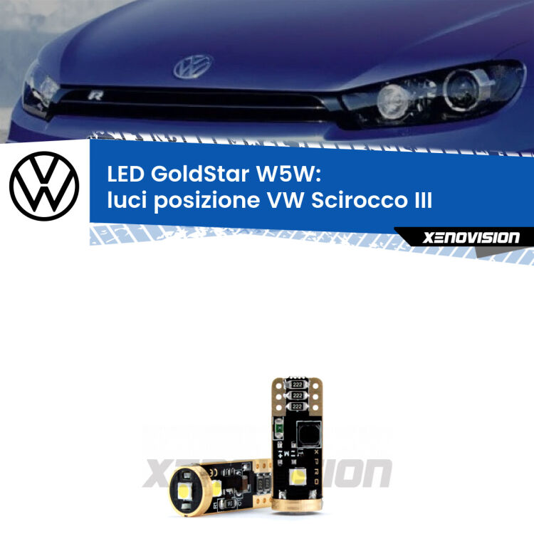 <strong>Luci posizione LED VW Scirocco</strong> III 2008-2017: ottima luminosità a 360 gradi. Si inseriscono ovunque. Canbus, Top Quality.