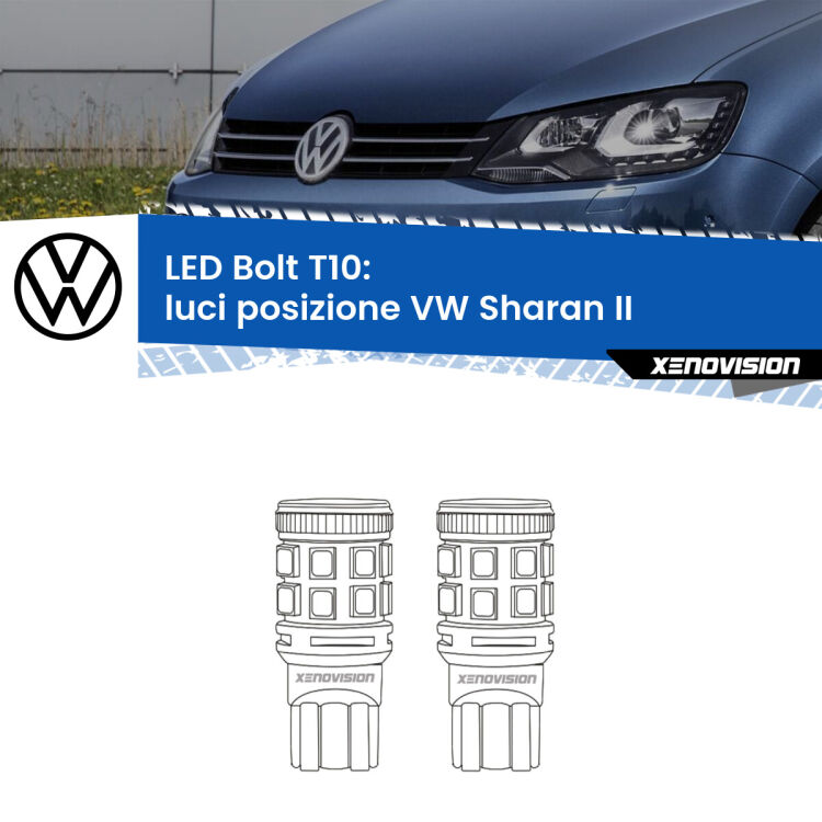 <strong>Luci posizione LED per VW Sharan</strong> II 2010-2019. Coppia lampade <strong>T10</strong> modello Bolt canbus.