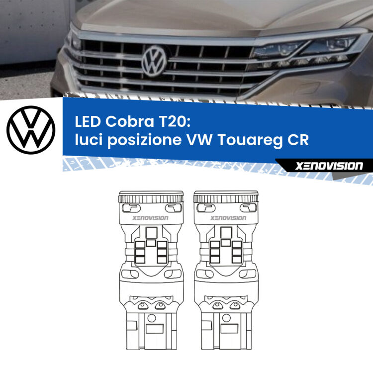 <strong>Luci posizione LED no-spie per VW Touareg</strong> CR senza luci svolta. Coppia lampade <strong>T20</strong> modello Cobra super-canbus, raffreddate a ventola.