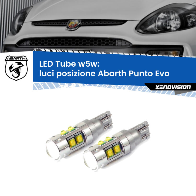 <strong>Luci posizione LED 6000k per Abarth Punto Evo</strong>  2010-2014. Lampadine <strong>W5W</strong> canbus modello Tube, luce bianco lunare, lunga durata e compatibilità.