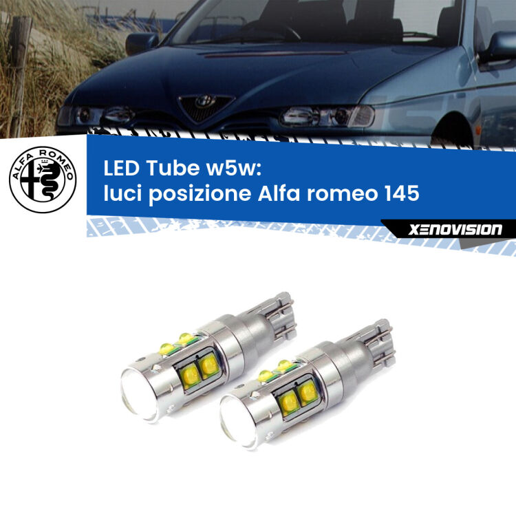 <strong>Luci posizione LED 6000k per Alfa romeo 145</strong>  1994-2001. Lampadine <strong>W5W</strong> canbus modello Tube, luce bianco lunare, lunga durata e compatibilità.