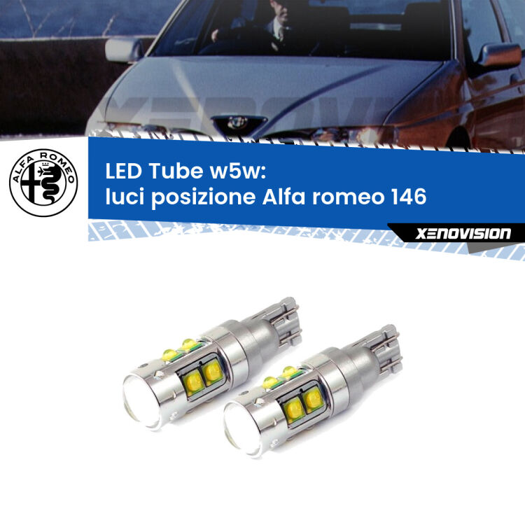 <strong>Luci posizione LED 6000k per Alfa romeo 146</strong>  1994-2001. Lampadine <strong>W5W</strong> canbus modello Tube, luce bianco lunare, lunga durata e compatibilità.