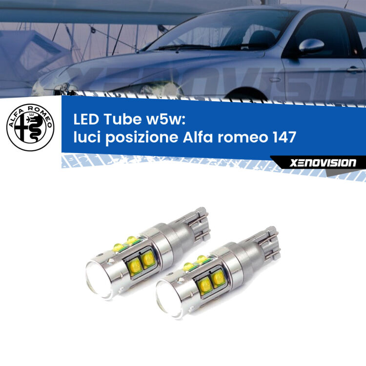 <strong>Luci posizione LED 6000k per Alfa romeo 147</strong>  2005-2010. Lampadine <strong>W5W</strong> canbus modello Tube, luce bianco lunare, lunga durata e compatibilità.