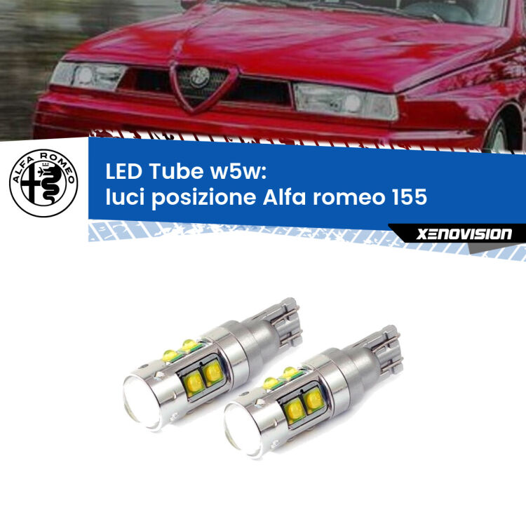 <strong>Luci posizione LED 6000k per Alfa romeo 155</strong>  1992-1997. Lampadine <strong>W5W</strong> canbus modello Tube, luce bianco lunare, lunga durata e compatibilità.