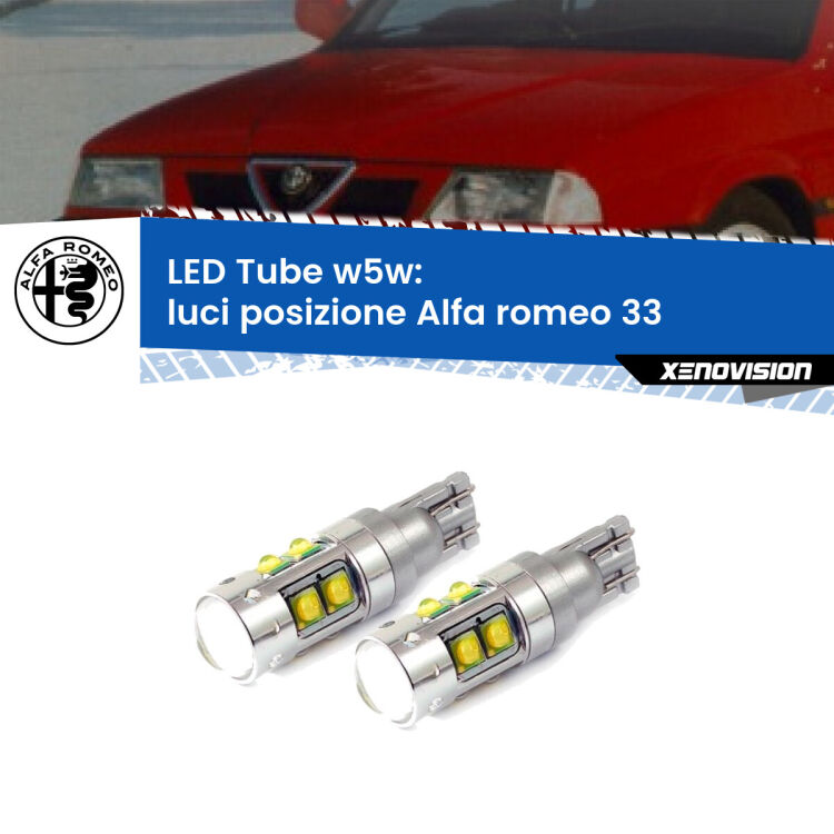 <strong>Luci posizione LED 6000k per Alfa romeo 33</strong>  1990-1994. Lampadine <strong>W5W</strong> canbus modello Tube, luce bianco lunare, lunga durata e compatibilità.