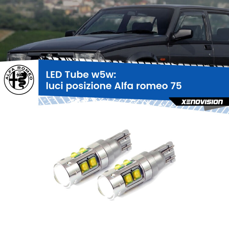 <strong>Luci posizione LED 6000k per Alfa romeo 75</strong>  1985-1992. Lampadine <strong>W5W</strong> canbus modello Tube, luce bianco lunare, lunga durata e compatibilità.