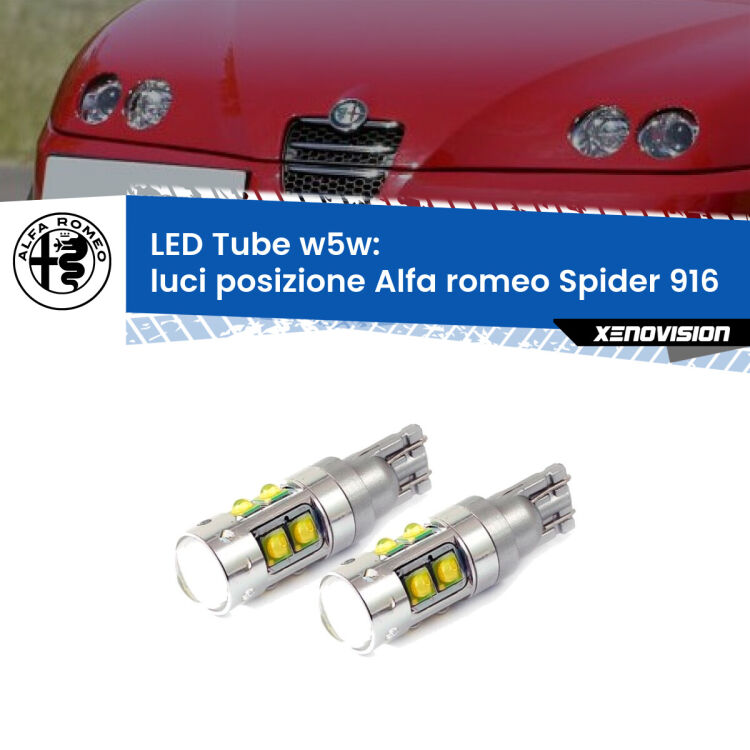 <strong>Luci posizione LED 6000k per Alfa romeo Spider</strong> 916 1995-2005. Lampadine <strong>W5W</strong> canbus modello Tube, luce bianco lunare, lunga durata e compatibilità.