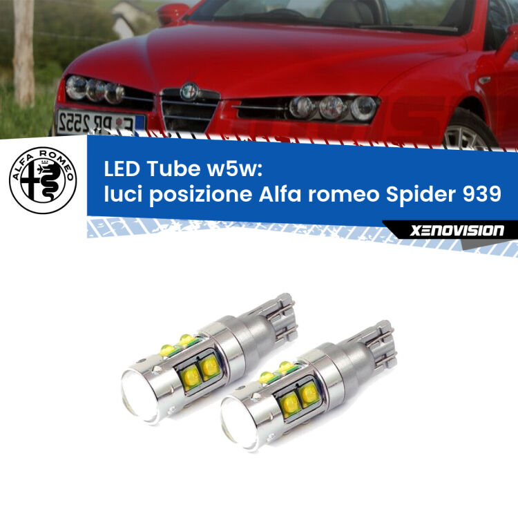 <strong>Luci posizione LED 6000k per Alfa romeo Spider</strong> 939 2006-2010. Lampadine <strong>W5W</strong> canbus modello Tube, luce bianco lunare, lunga durata e compatibilità.