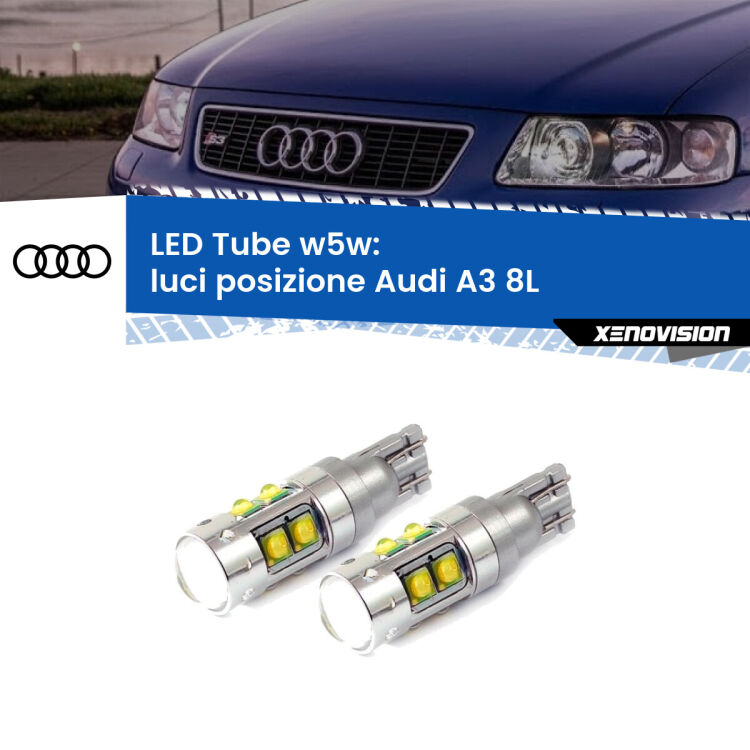 <strong>Luci posizione LED 6000k per Audi A3</strong> 8L 1996-2003. Lampadine <strong>W5W</strong> canbus modello Tube, luce bianco lunare, lunga durata e compatibilità.