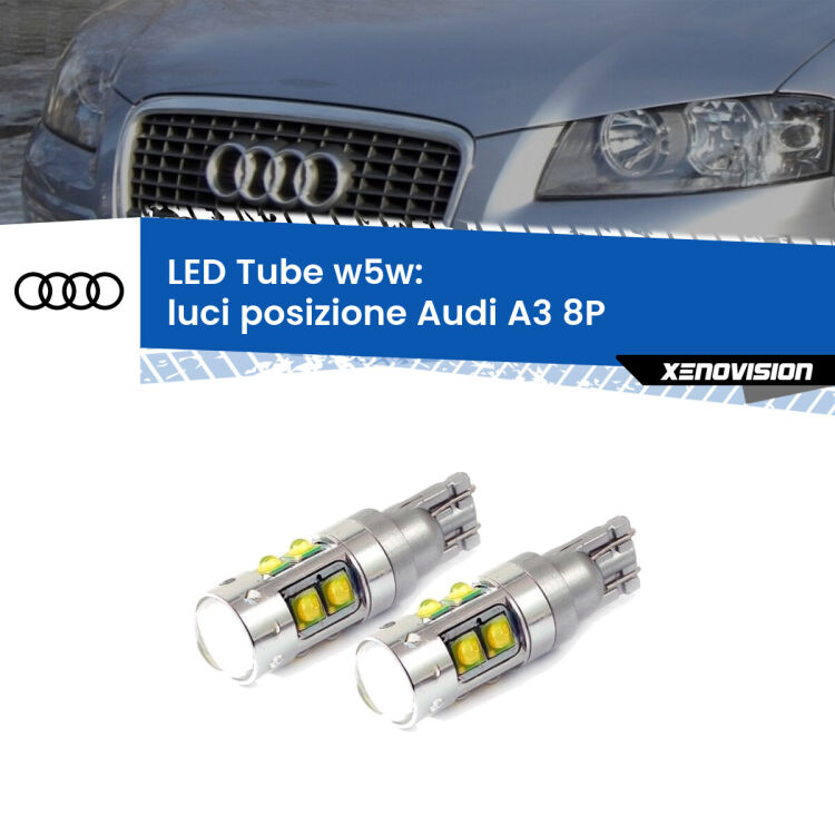 <strong>Luci posizione LED 6000k per Audi A3</strong> 8P 2003-2008. Lampadine <strong>W5W</strong> canbus modello Tube, luce bianco lunare, lunga durata e compatibilità.