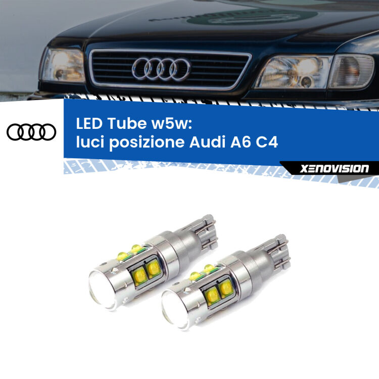 <strong>Luci posizione LED 6000k per Audi A6</strong> C4 1994-1997. Lampadine <strong>W5W</strong> canbus modello Tube, luce bianco lunare, lunga durata e compatibilità.