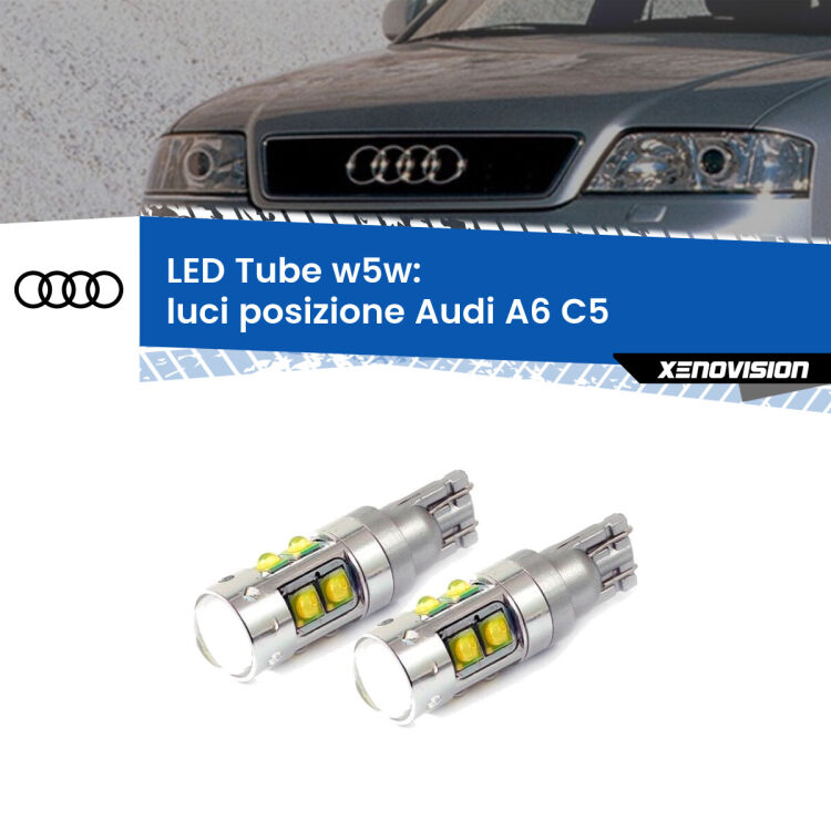 <strong>Luci posizione LED 6000k per Audi A6</strong> C5 1997-2004. Lampadine <strong>W5W</strong> canbus modello Tube, luce bianco lunare, lunga durata e compatibilità.