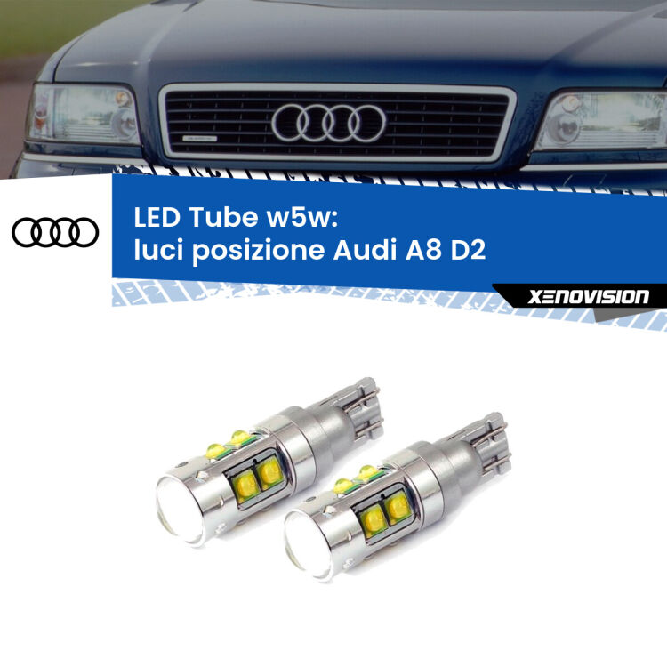 <strong>Luci posizione LED 6000k per Audi A8</strong> D2 1994-1998. Lampadine <strong>W5W</strong> canbus modello Tube, luce bianco lunare, lunga durata e compatibilità.