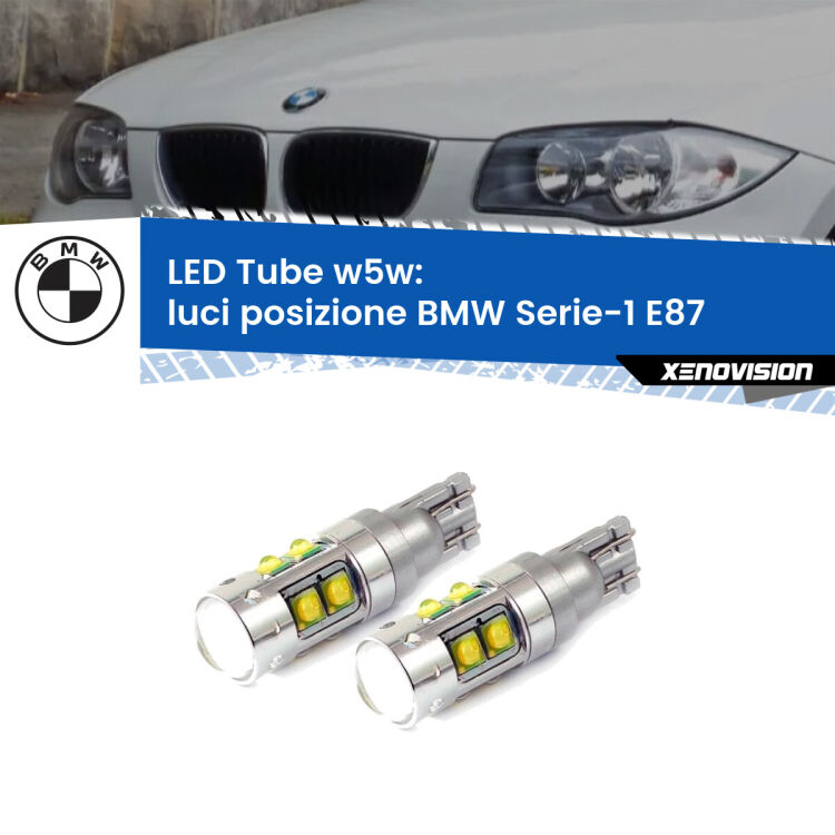 <strong>Luci posizione LED 6000k per BMW Serie-1</strong> E87 2003-2012. Lampadine <strong>W5W</strong> canbus modello Tube, luce bianco lunare, lunga durata e compatibilità.