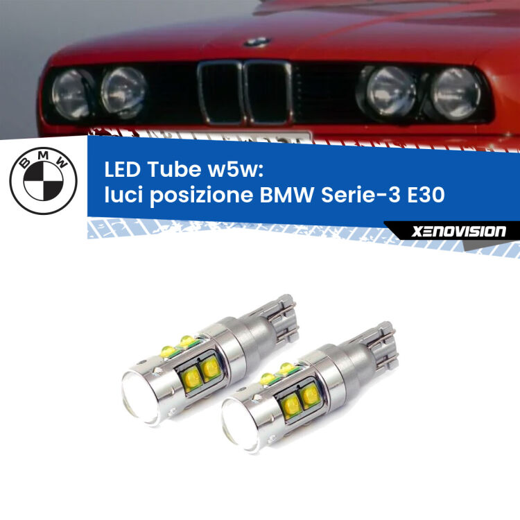 <strong>Luci posizione LED 6000k per BMW Serie-3</strong> E30 Versione 1. Lampadine <strong>W5W</strong> canbus modello Tube, luce bianco lunare, lunga durata e compatibilità.