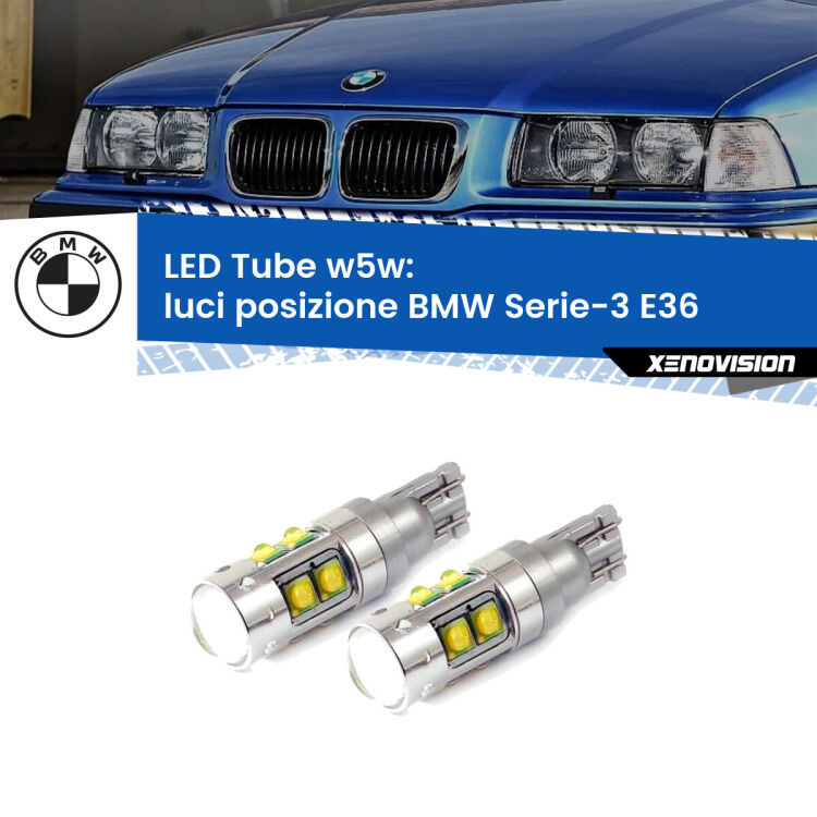 <strong>Luci posizione LED 6000k per BMW Serie-3</strong> E36 1990-1998. Lampadine <strong>W5W</strong> canbus modello Tube, luce bianco lunare, lunga durata e compatibilità.