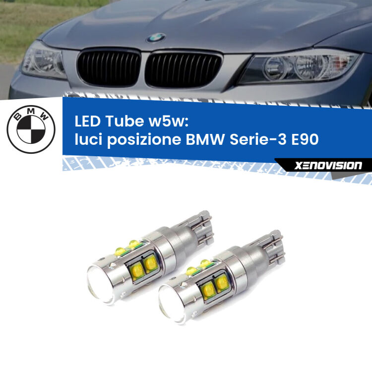 <strong>Luci posizione LED 6000k per BMW Serie-3</strong> E90 con fari alogeni. Lampadine <strong>W5W</strong> canbus modello Tube, luce bianco lunare, lunga durata e compatibilità.