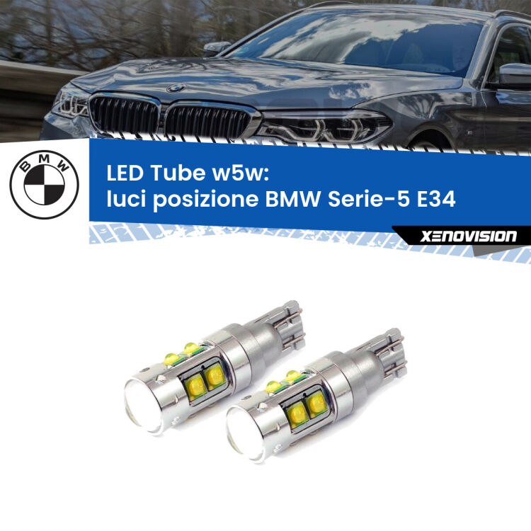 <strong>Luci posizione LED 6000k per BMW Serie-5</strong> E34 1988-1995. Lampadine <strong>W5W</strong> canbus modello Tube, luce bianco lunare, lunga durata e compatibilità.