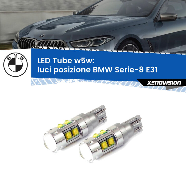 <strong>Luci posizione LED 6000k per BMW Serie-8</strong> E31 1990-1999. Lampadine <strong>W5W</strong> canbus modello Tube, luce bianco lunare, lunga durata e compatibilità.