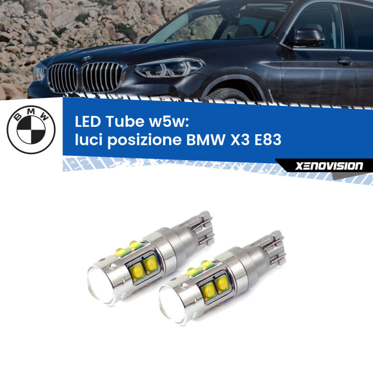 <strong>Luci posizione LED 6000k per BMW X3</strong> E83 2003-2006. Lampadine <strong>W5W</strong> canbus modello Tube, luce bianco lunare, lunga durata e compatibilità.