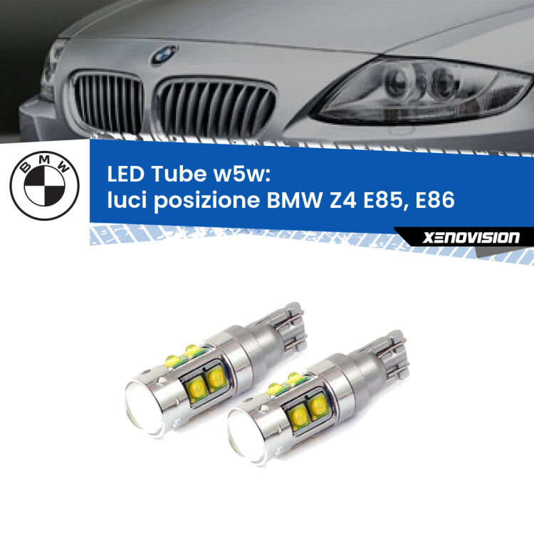 <strong>Luci posizione LED 6000k per BMW Z4</strong> E85, E86 2003-2008. Lampadine <strong>W5W</strong> canbus modello Tube, luce bianco lunare, lunga durata e compatibilità.