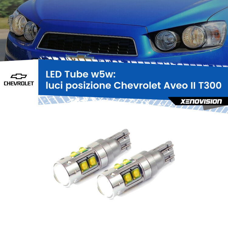 <strong>Luci posizione LED 6000k per Chevrolet Aveo II</strong> T300 2011-2021. Lampadine <strong>W5W</strong> canbus modello Tube, luce bianco lunare, lunga durata e compatibilità.