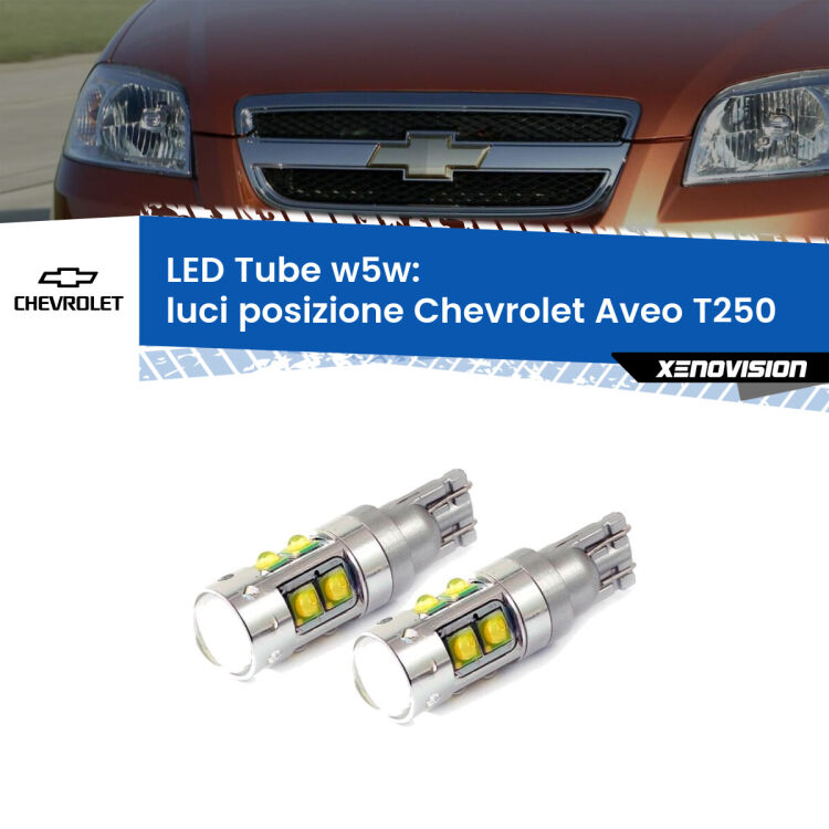 <strong>Luci posizione LED 6000k per Chevrolet Aveo</strong> T250 2005-2011. Lampadine <strong>W5W</strong> canbus modello Tube, luce bianco lunare, lunga durata e compatibilità.