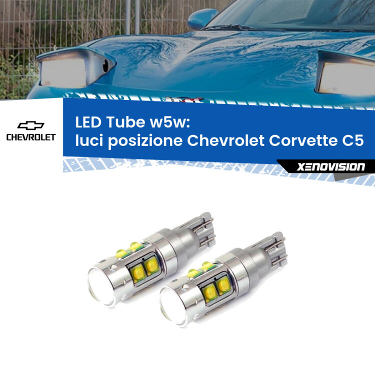 <strong>Luci posizione LED 6000k per Chevrolet Corvette</strong> C5 1997-2004. Lampadine <strong>W5W</strong> canbus modello Tube, luce bianco lunare, lunga durata e compatibilità.