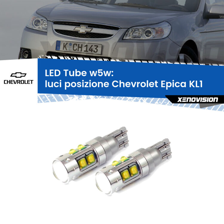 <strong>Luci posizione LED 6000k per Chevrolet Epica</strong> KL1 2005-2011. Lampadine <strong>W5W</strong> canbus modello Tube, luce bianco lunare, lunga durata e compatibilità.