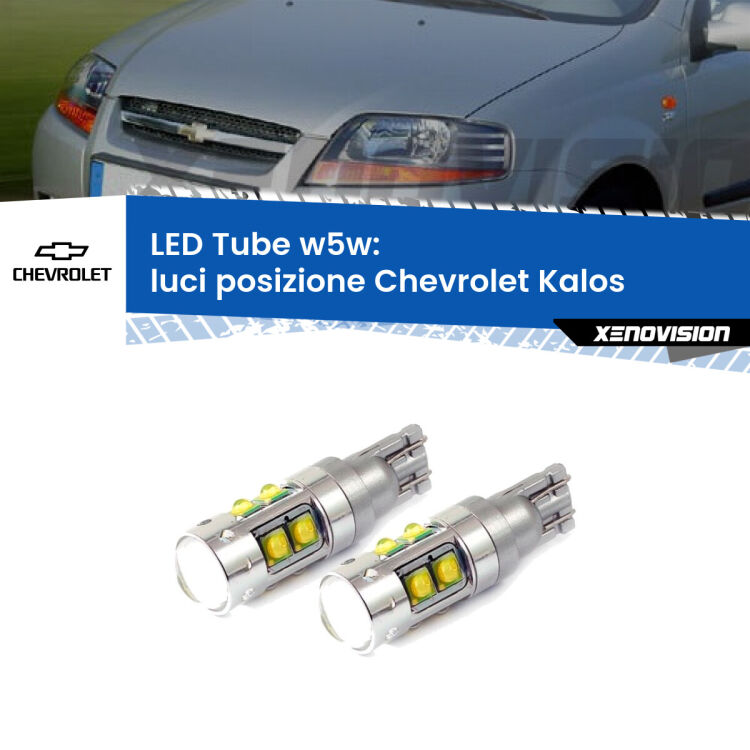 <strong>Luci posizione LED 6000k per Chevrolet Kalos</strong>  2005-2008. Lampadine <strong>W5W</strong> canbus modello Tube, luce bianco lunare, lunga durata e compatibilità.