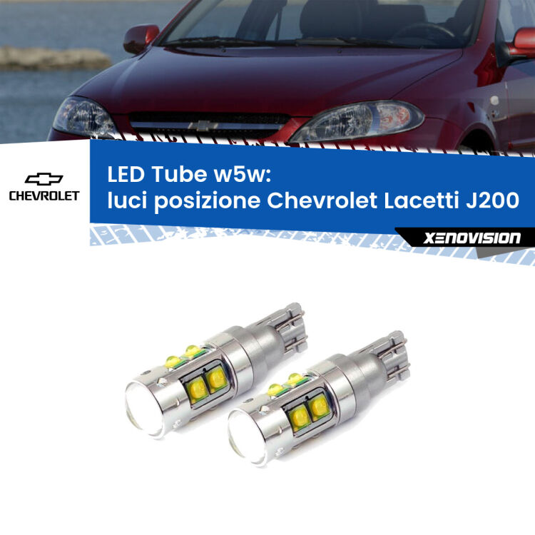 <strong>Luci posizione LED 6000k per Chevrolet Lacetti</strong> J200 2002-2009. Lampadine <strong>W5W</strong> canbus modello Tube, luce bianco lunare, lunga durata e compatibilità.