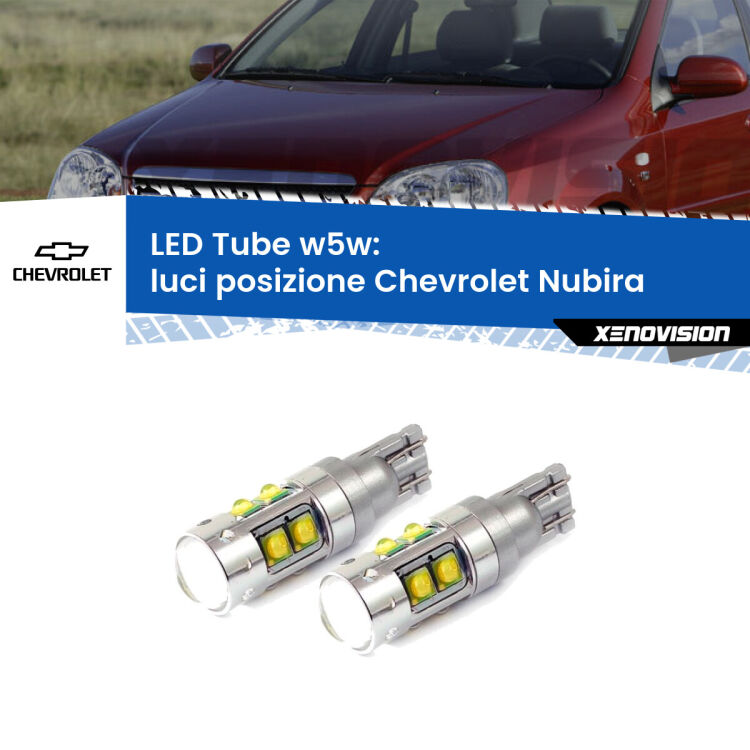 <strong>Luci posizione LED 6000k per Chevrolet Nubira</strong>  2005-2011. Lampadine <strong>W5W</strong> canbus modello Tube, luce bianco lunare, lunga durata e compatibilità.