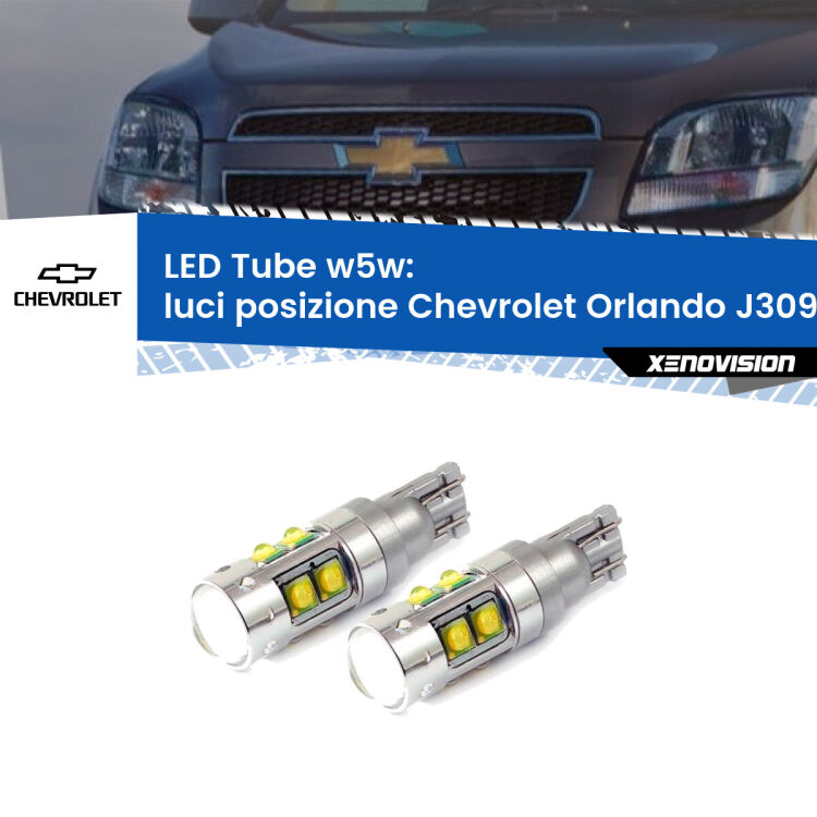 <strong>Luci posizione LED 6000k per Chevrolet Orlando</strong> J309 2011-2019. Lampadine <strong>W5W</strong> canbus modello Tube, luce bianco lunare, lunga durata e compatibilità.