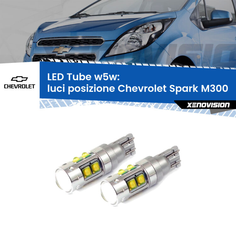 <strong>Luci posizione LED 6000k per Chevrolet Spark</strong> M300 2009-2016. Lampadine <strong>W5W</strong> canbus modello Tube, luce bianco lunare, lunga durata e compatibilità.