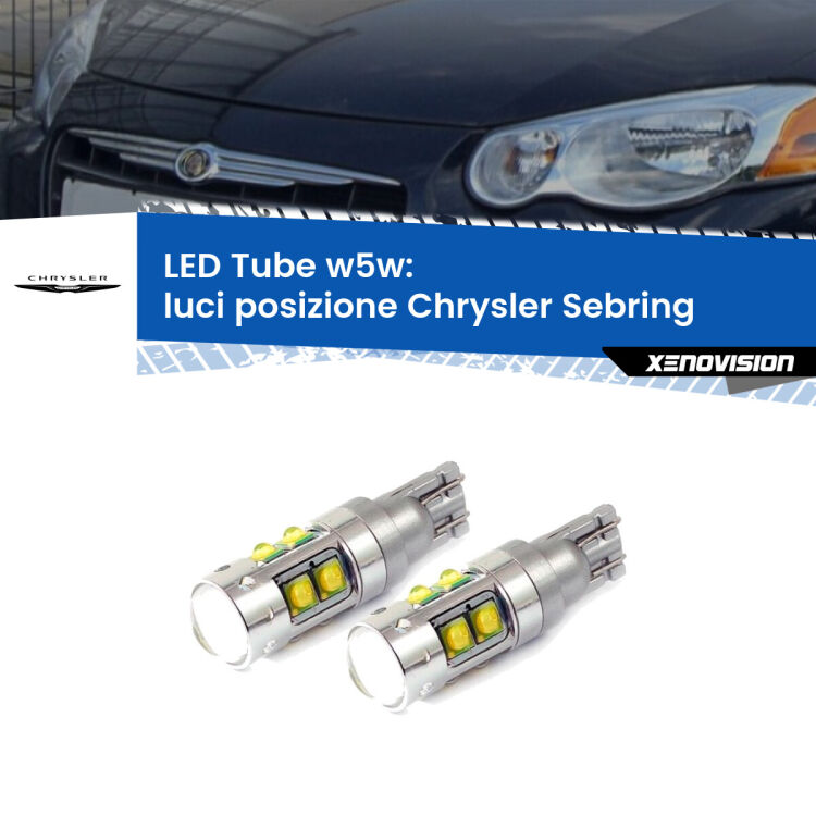 <strong>Luci posizione LED 6000k per Chrysler Sebring</strong>  2001-2007. Lampadine <strong>W5W</strong> canbus modello Tube, luce bianco lunare, lunga durata e compatibilità.