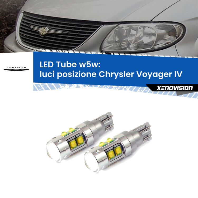 <strong>Luci posizione LED 6000k per Chrysler Voyager IV</strong>  2000-2007. Lampadine <strong>W5W</strong> canbus modello Tube, luce bianco lunare, lunga durata e compatibilità.