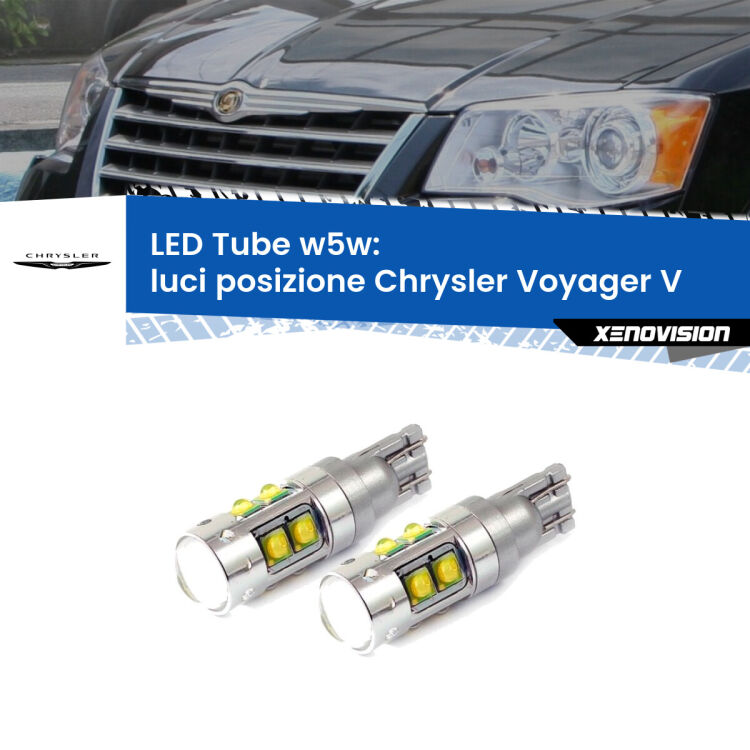 <strong>Luci posizione LED 6000k per Chrysler Voyager V</strong>  2007-2016. Lampadine <strong>W5W</strong> canbus modello Tube, luce bianco lunare, lunga durata e compatibilità.